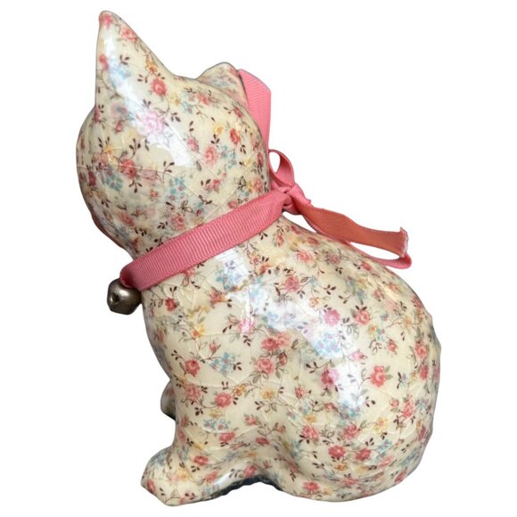 Vtg DECOUPAGE Ceramic CAT Kitten Kitty Floral Cream Fabric Pink Ribbon Bell 6" T - Picture 5 of 15